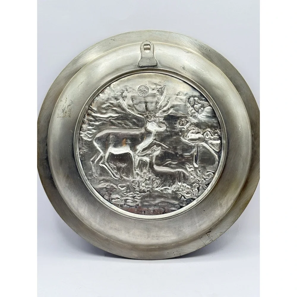 Vintage Round Pewter Wall Hanging Deer in Meadow Raised Design 9.75